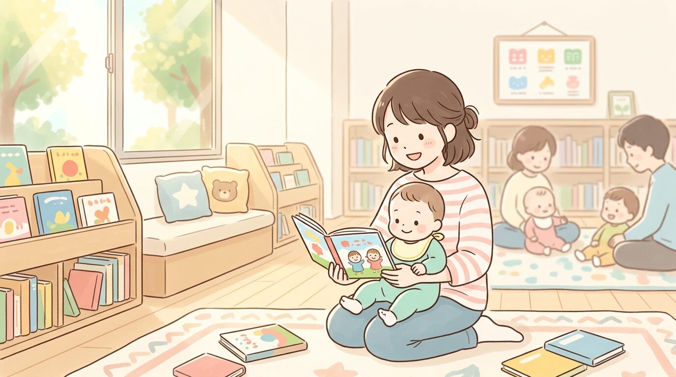 図書館の絵本コーナーで赤ちゃんを膝に乗せて絵本を読む母親、あたたかい午前の光が差し込む室内