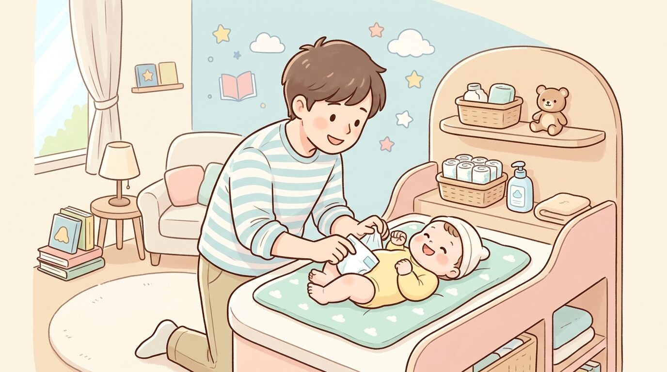 図書館の授乳室で赤ちゃんのおむつを替える父親、清潔感のある明るいスペース