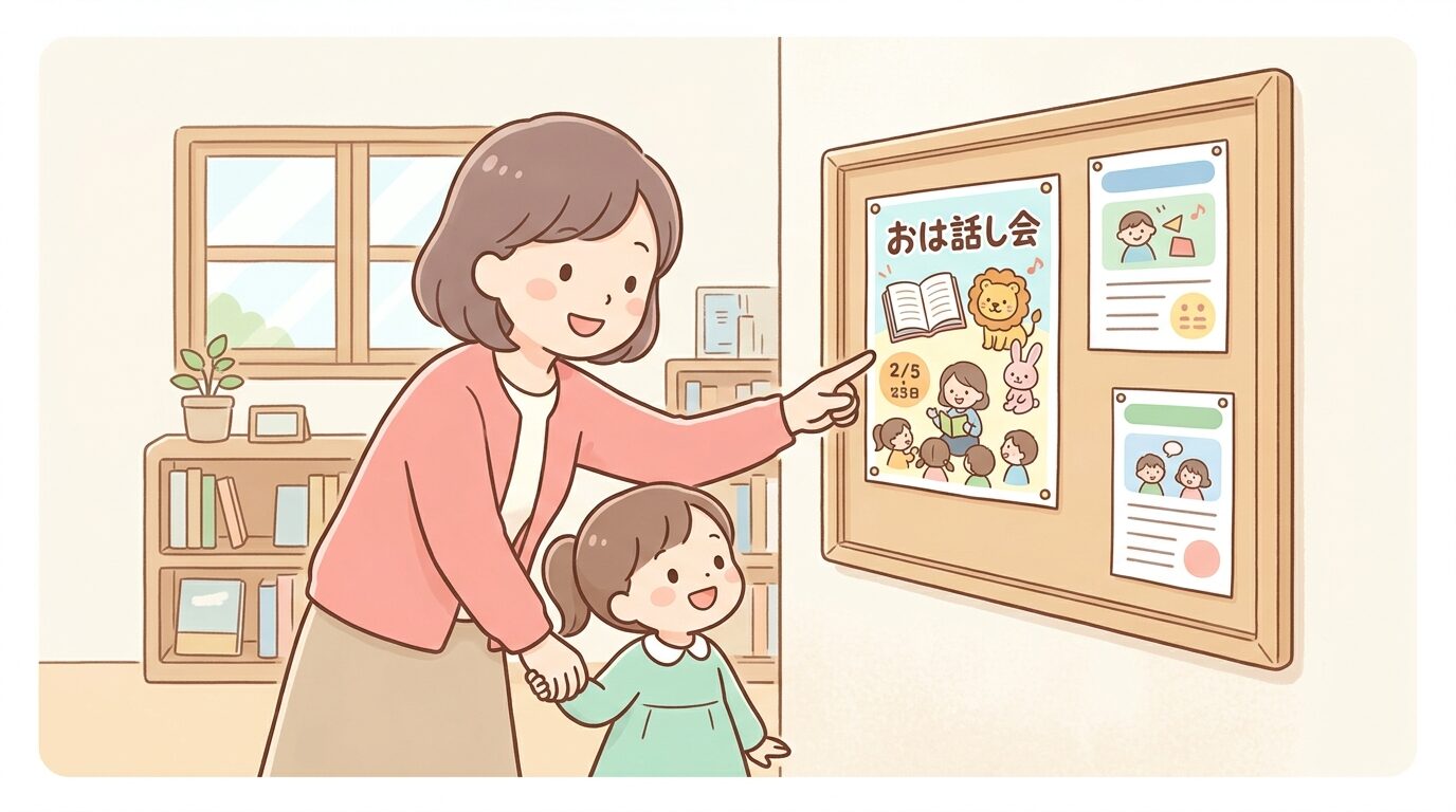 図書館のイベント掲示板を親子で一緒に眺めながらおはなし会のチラシを確認する様子