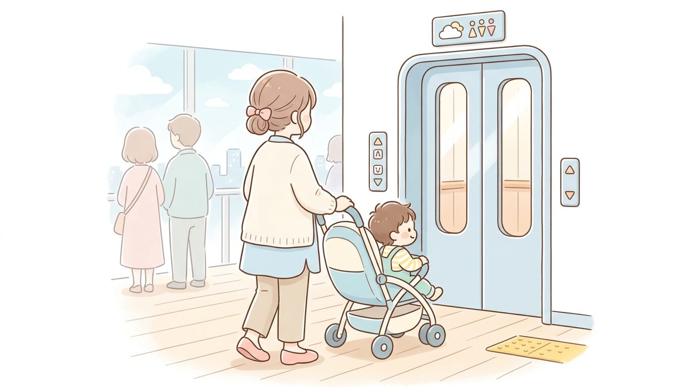 ベビーカーを押しながら展望台のエレベーター前で順番を待つ若い母親と幼児の後ろ姿