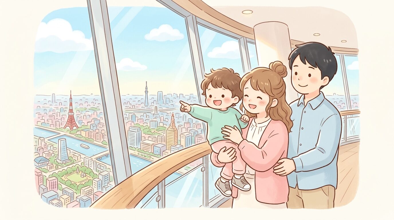 東京スカイツリーの展望デッキで大きな窓から街並みを指差して喜ぶ2歳くらいの子どもと両親