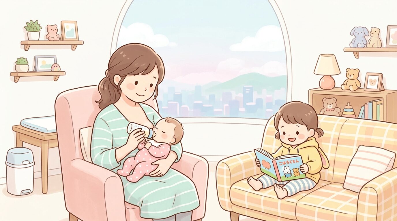 授乳室で赤ちゃんにミルクをあげながらリラックスする母親と、隣で絵本を読む幼児