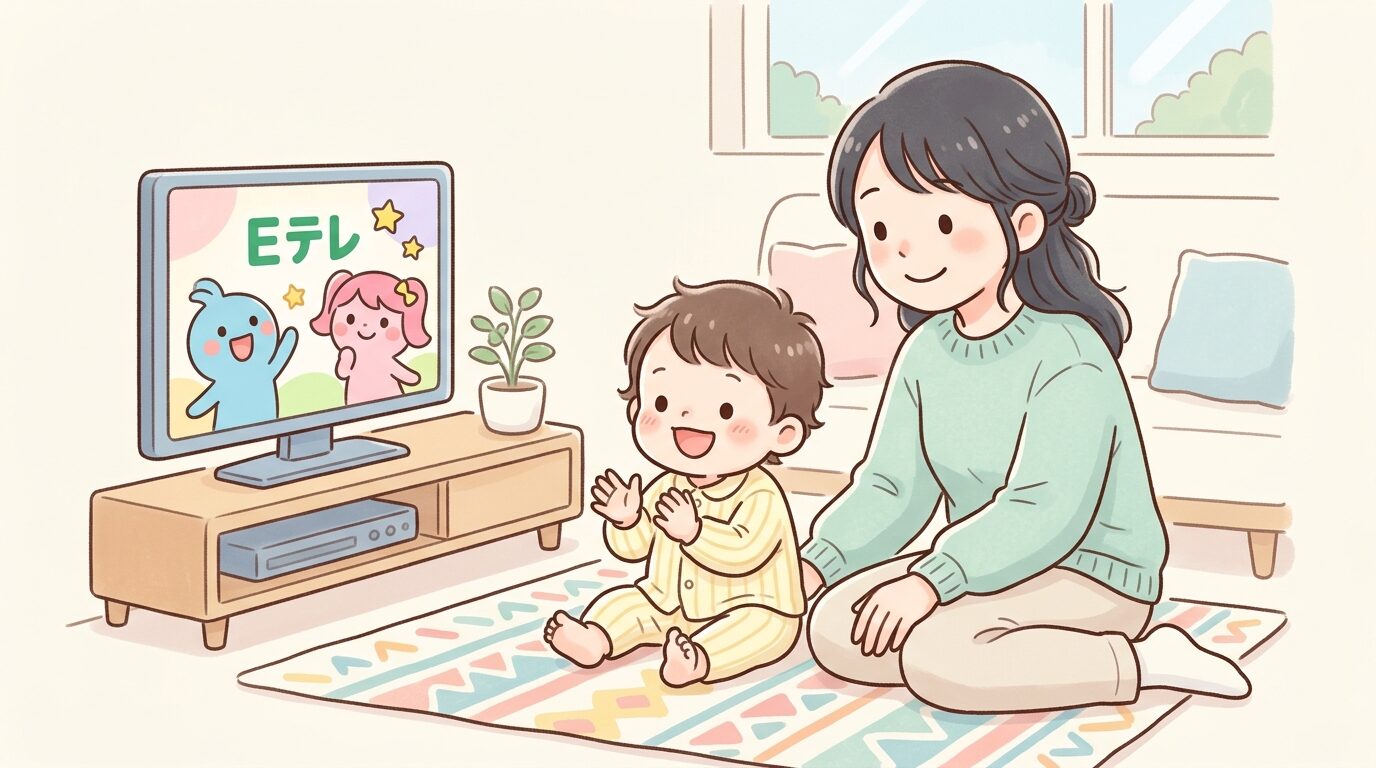 リビングでEテレを見ながら笑顔で手をたたく1歳児と隣で見守る母親