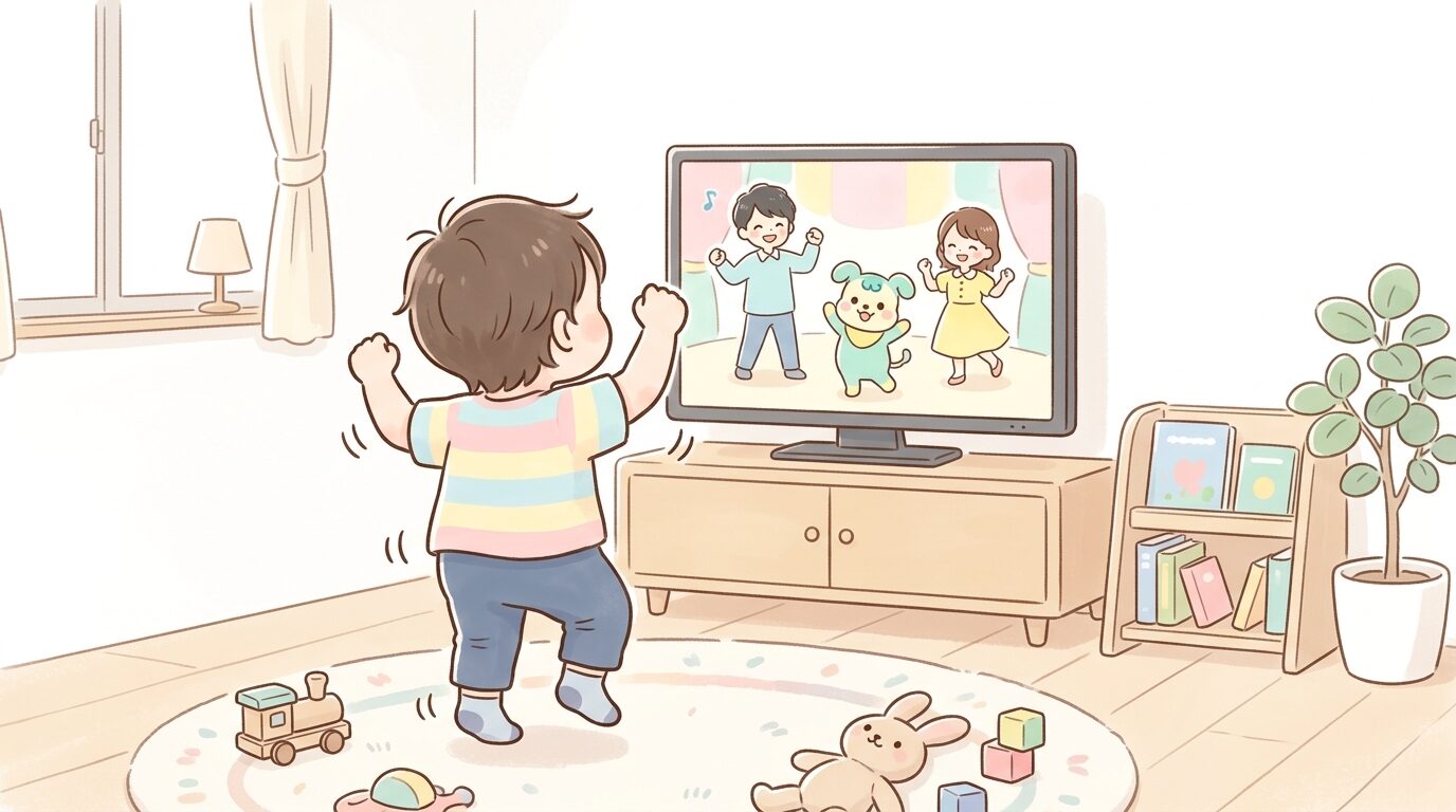おかあさんといっしょの体操コーナーを見ながら一緒に踊る2歳児の後ろ姿