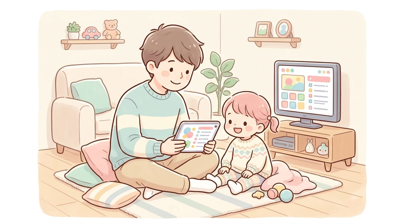 タブレットとテレビ画面を見比べながら番組表を確認する父親と幼児