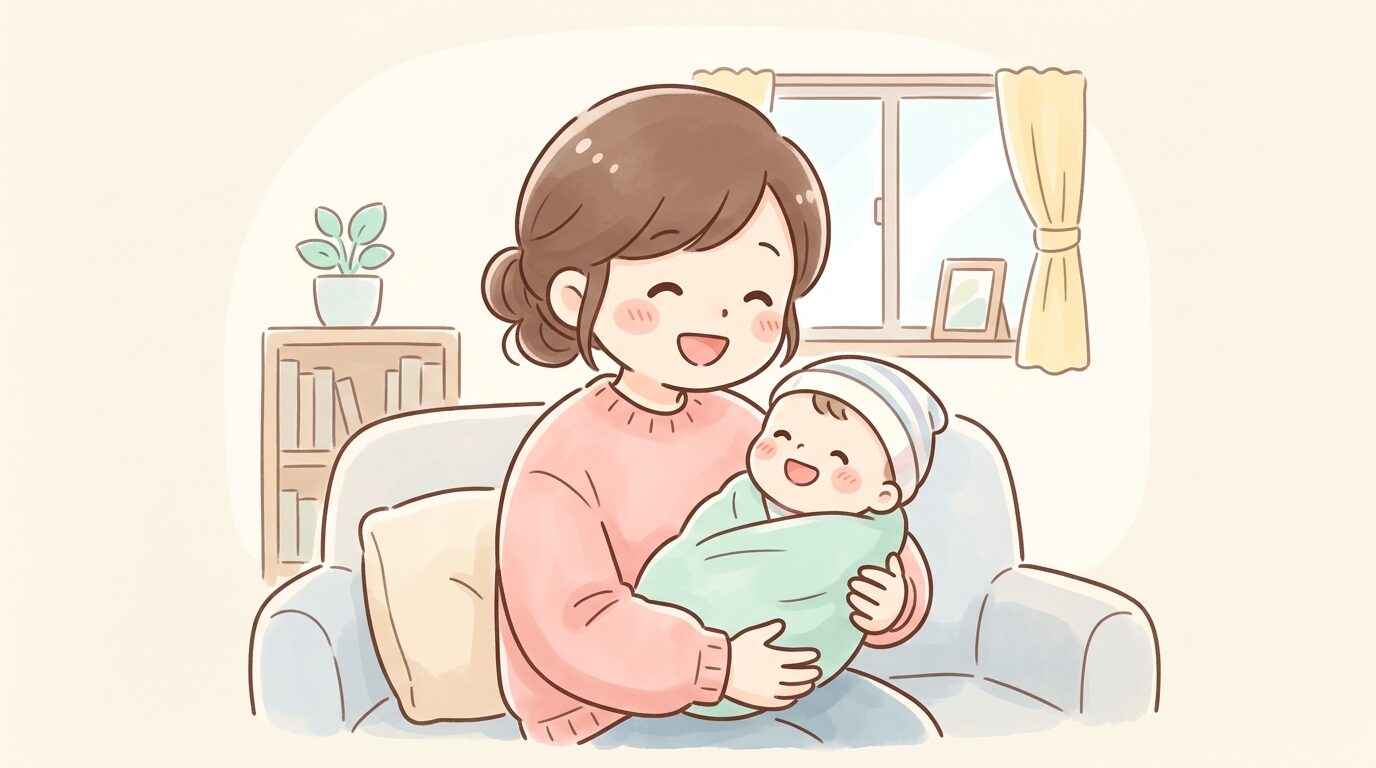 リビングで赤ちゃんを抱っこしながら笑顔で童謡を歌う母親の温かい様子