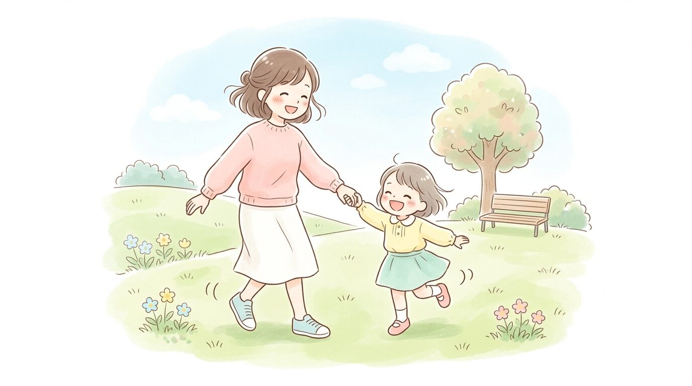 公園の芝生で親子が手をつないで童謡に合わせて楽しそうに踊っている風景