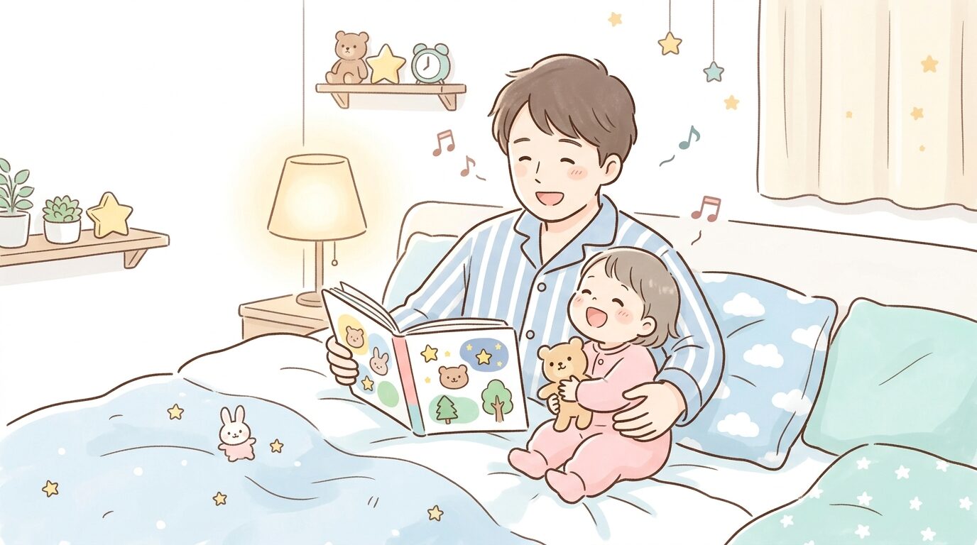 布団の上で寝る前に絵本と一緒に童謡を口ずさむ父親と幼い子どもの穏やかなシーン