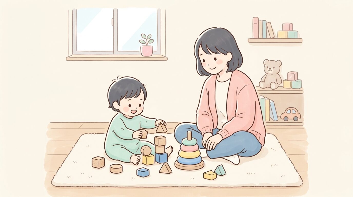 木製の積み木やカラフルなリングタワーで遊ぶ1歳児と見守る母親の穏やかな室内シーン