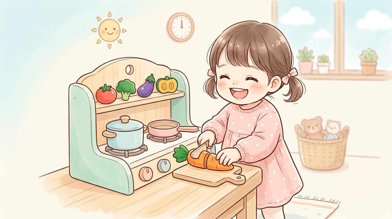 おままごとキッチンのおもちゃで野菜のおもちゃを切って遊ぶ2歳くらいの女の子の楽しそうな表情