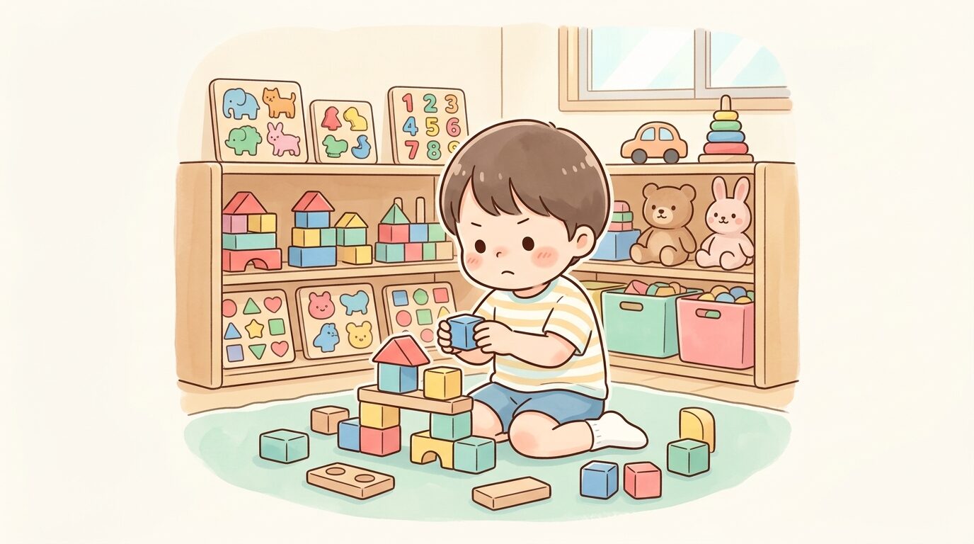 カラフルなブロックとパズルが並んだ棚の前で真剣な表情で遊ぶ3歳児の全身写真