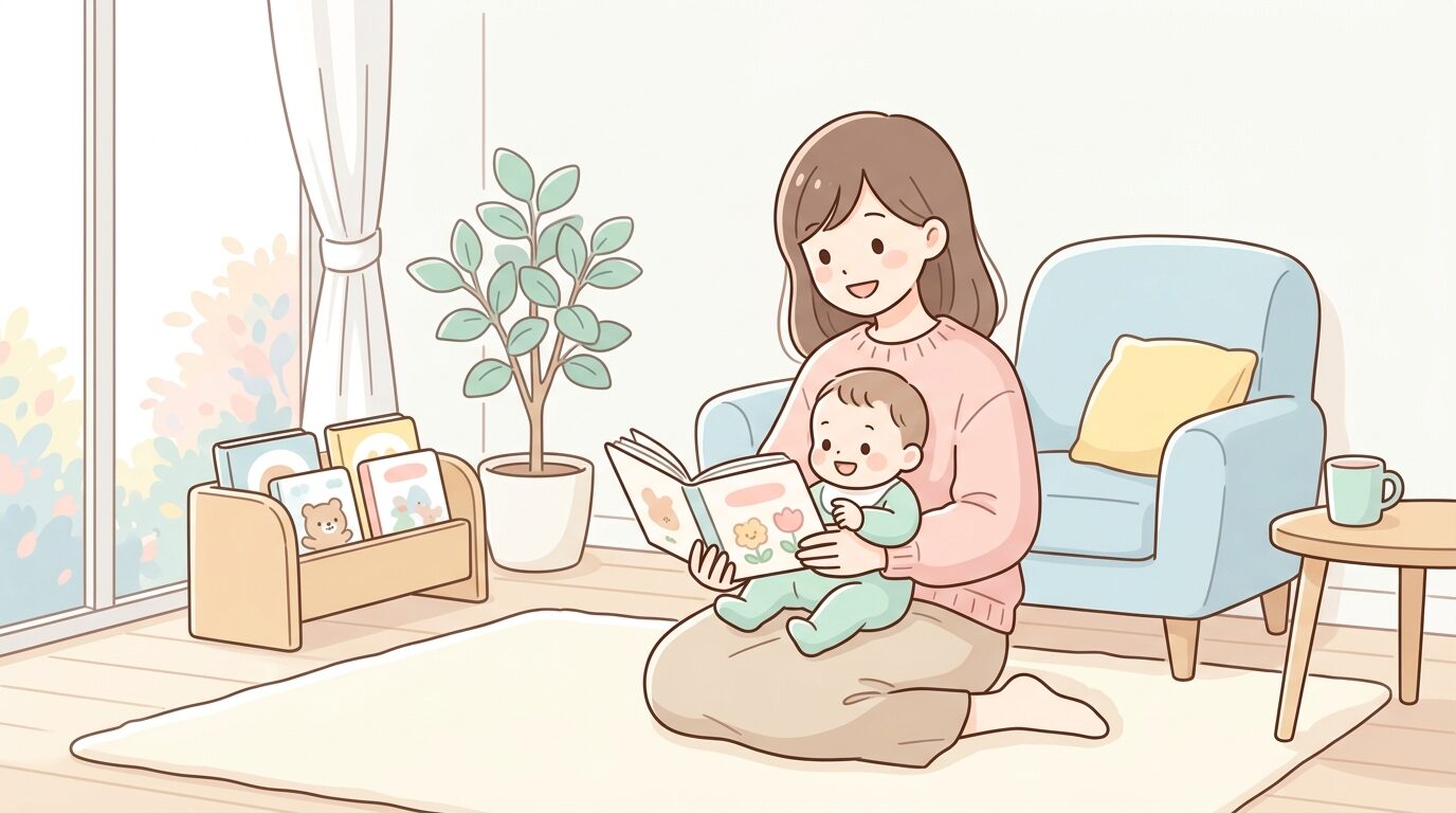 明るいリビングでママが赤ちゃんに絵本を読み聞かせている温かい雰囲気の写真