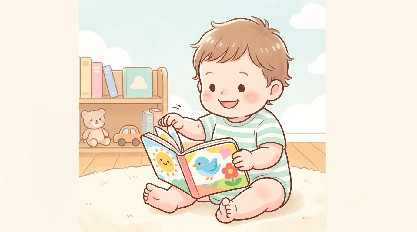 カラフルな絵本を自分でめくって笑顔を見せる1歳くらいの子どもの様子