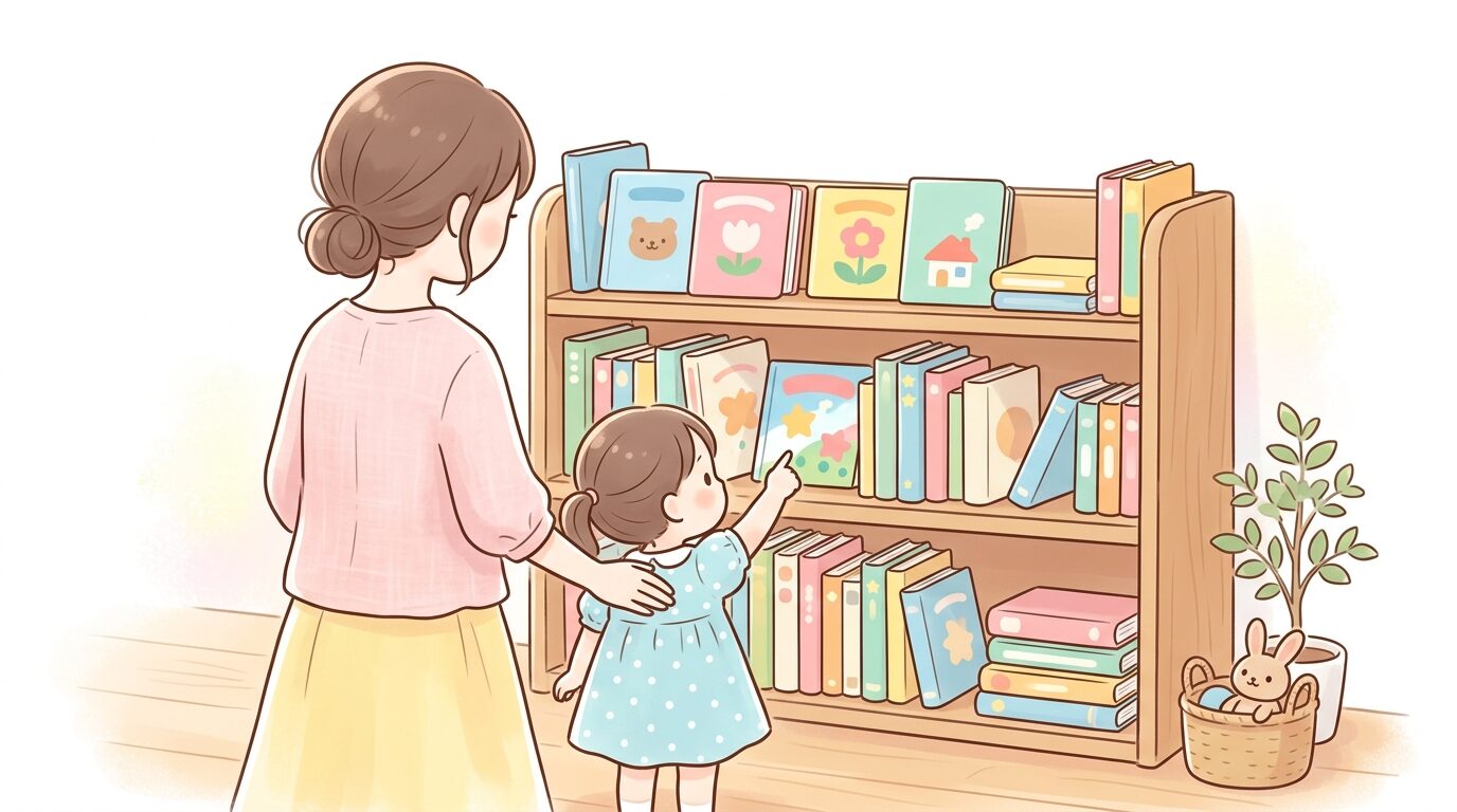 本棚にずらりと並んだ色とりどりの絵本と、それを選ぶ親子の後ろ姿
