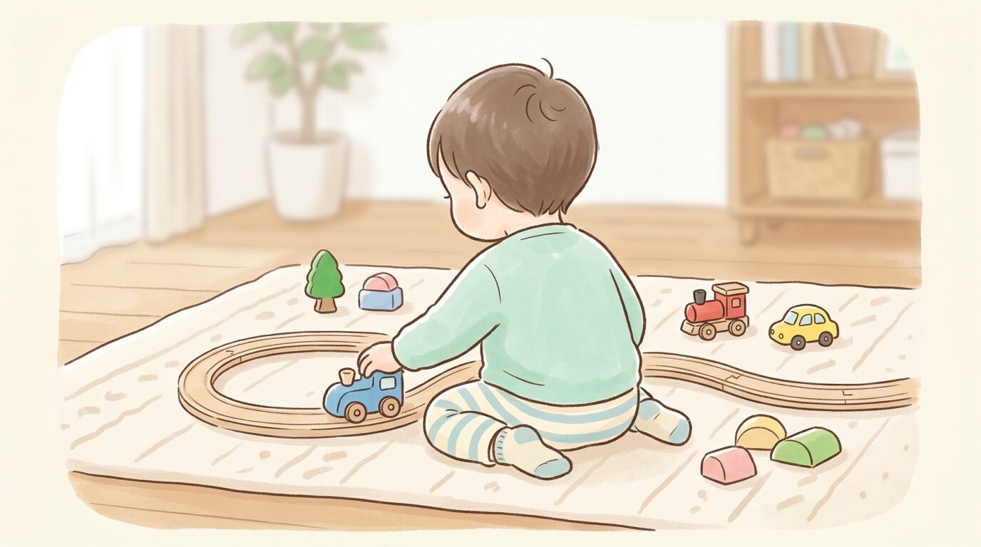 リビングで電車のおもちゃに夢中になって遊ぶ1歳半くらいの男の子の後ろ姿