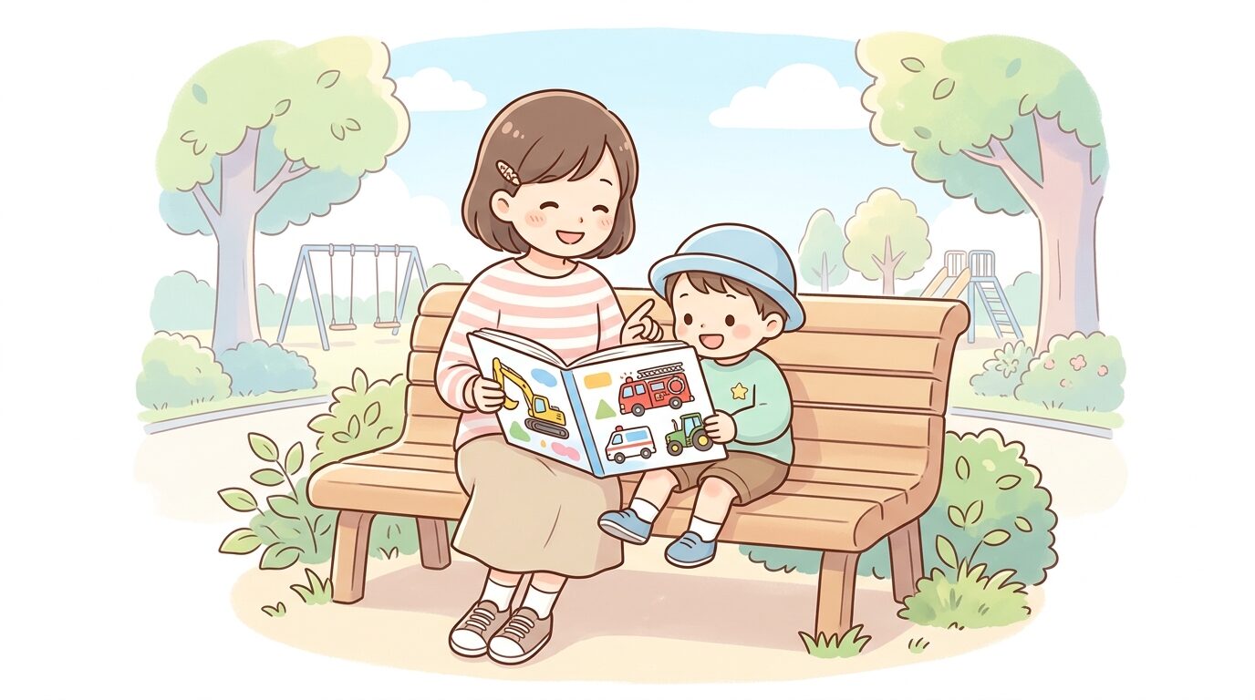 公園のベンチで働く車の絵本を親子で楽しそうに読んでいる様子