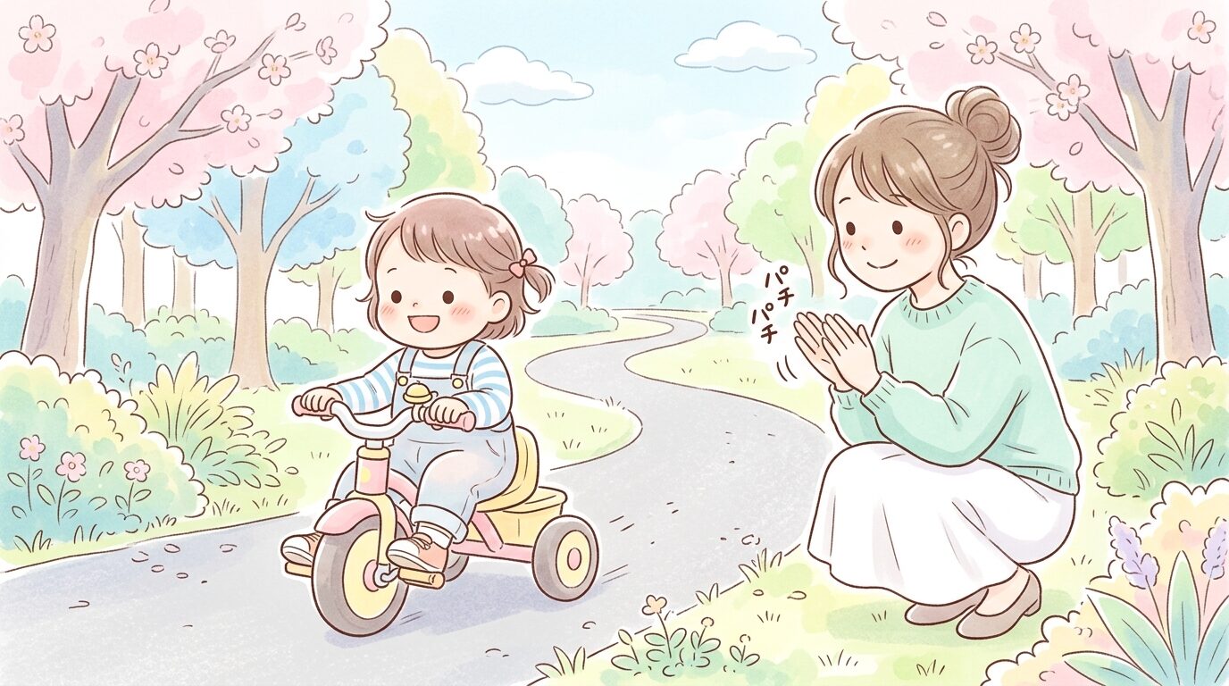 三輪車に乗る2歳児を笑顔で見守り拍手する母親、公園の遊歩道