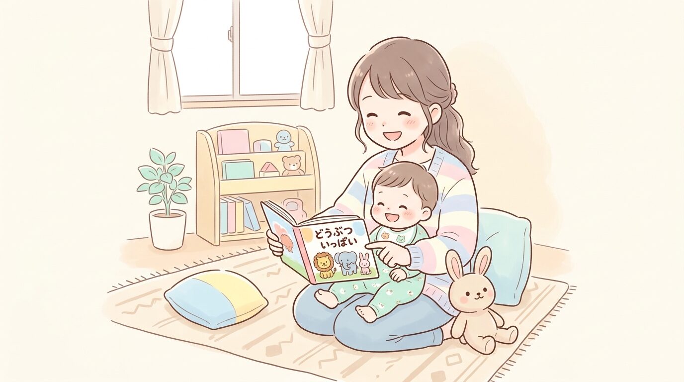リビングで動物の絵本を一緒に見つめる母親と1歳児の笑顔のシーン