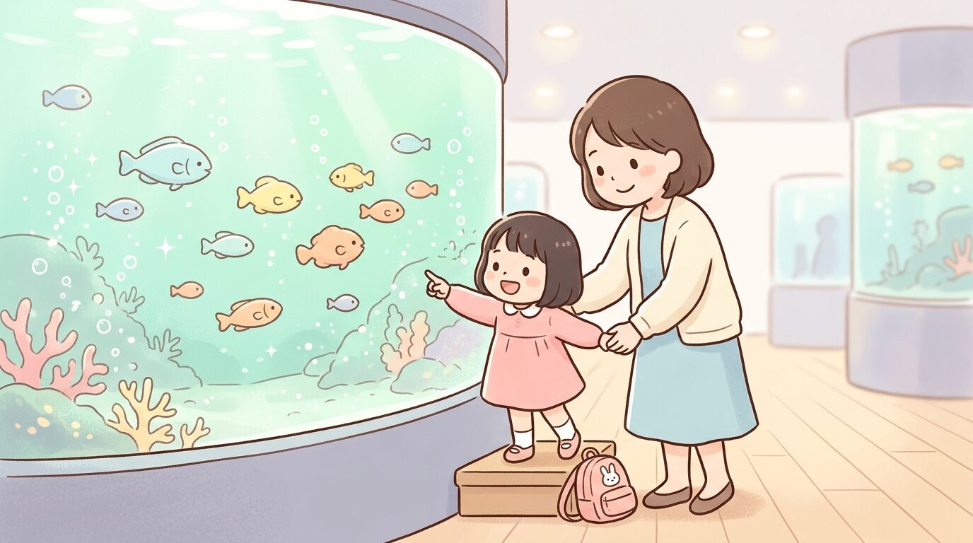 水族館の水槽越しに魚を見て指差す3歳児と隣で優しく見守る母親の姿