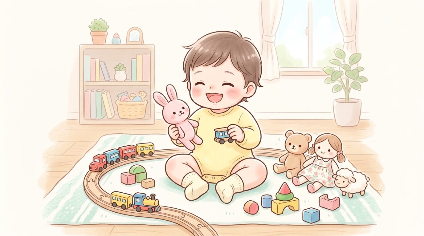 リビングで電車のおもちゃと人形の両方に囲まれて楽しそうに遊ぶ1歳半くらいの子ども