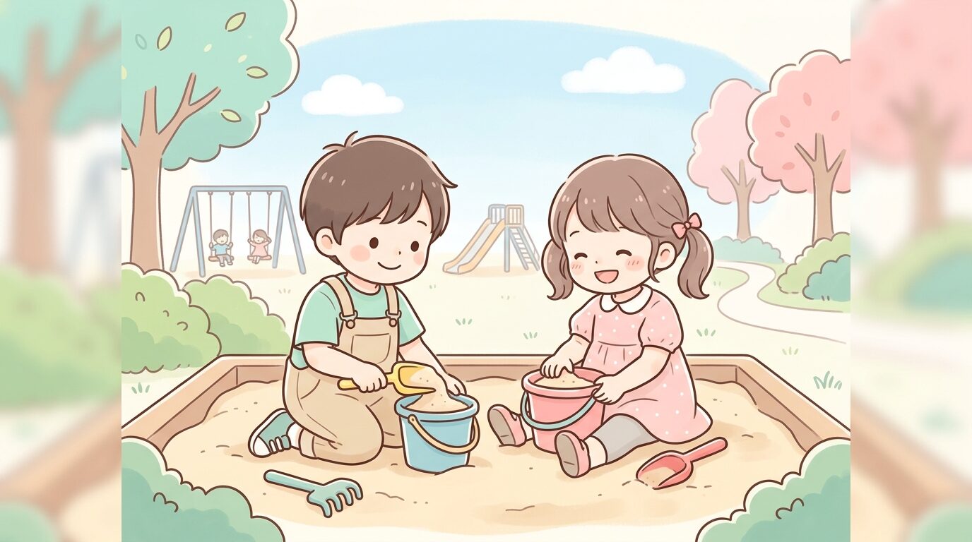公園の砂場で男の子と女の子が一緒にスコップとバケツを使って遊んでいる様子