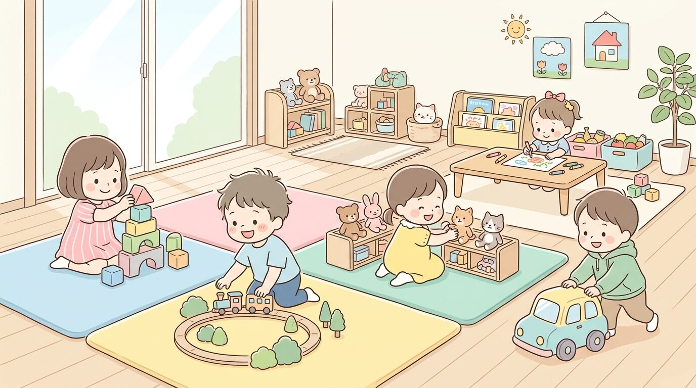 保育園の室内でさまざまな種類のおもちゃに囲まれて自由に選んで遊ぶ複数の幼児たち