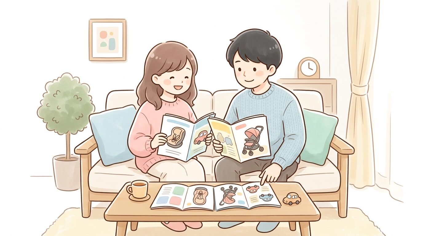 リビングでベビーカーとチャイルドシートのカタログを見ながら夫婦で相談している様子