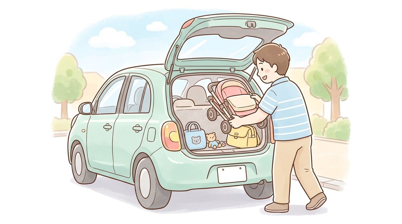 車の後部ラゲッジスペースにベビーカーを積み込む父親の後ろ姿