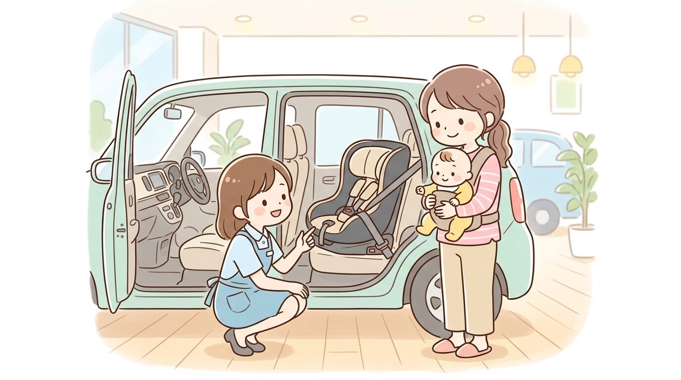 ディーラーの店員がチャイルドシートの正しい取り付け方法を若い母親に説明している様子