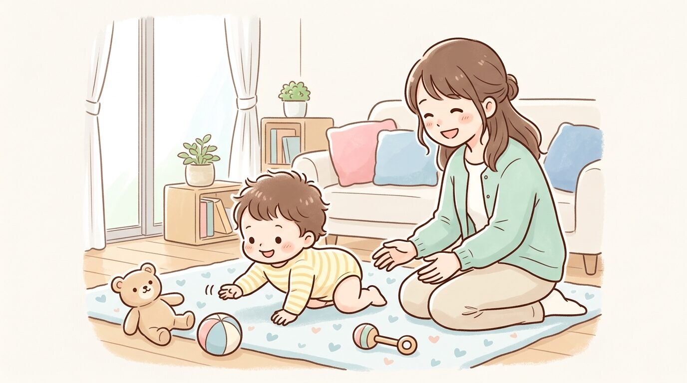 リビングの床でハイハイする赤ちゃんと、笑顔で見守る若い母親の温かい家庭風景