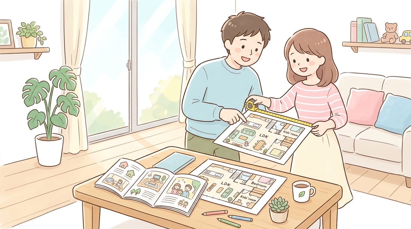 メジャーを持ちながら間取り図を確認する夫婦、リビングのテーブルの上に住宅カタログが広がっている様子