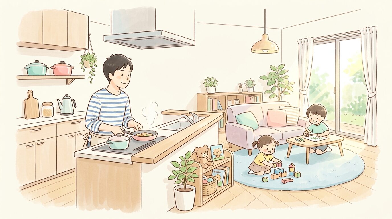 対面キッチンでリビングの子どもを見守りながら料理をする父親、明るく開放的なLDK空間