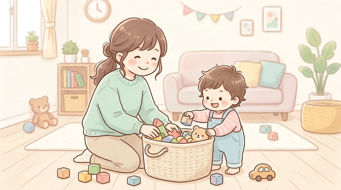 リビングでおもちゃを片付けながら微笑む若い母親と隣で真似をする1歳児