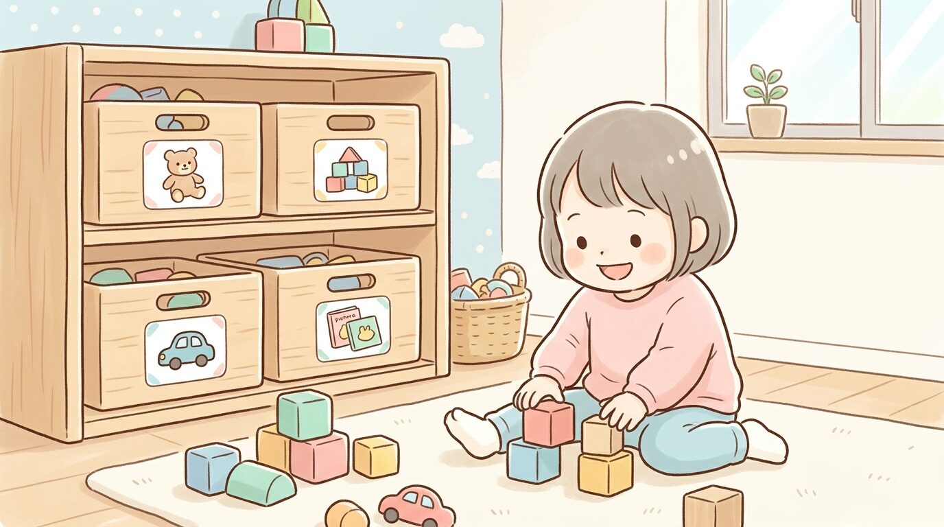 木製の収納ボックスに写真ラベルを貼ったおもちゃ棚とその前で遊ぶ2歳児