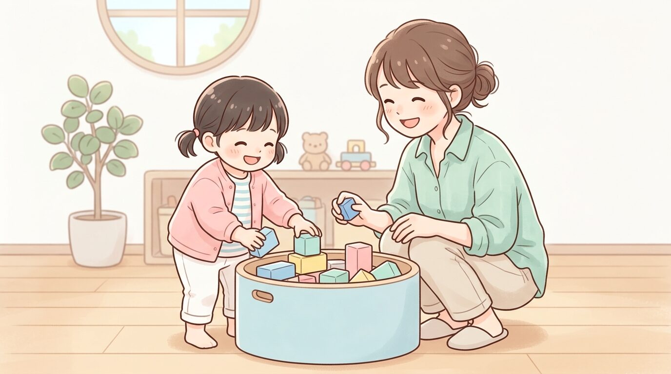 親子でおもちゃ箱に一緒にブロックを片付けている様子、笑顔の3歳児