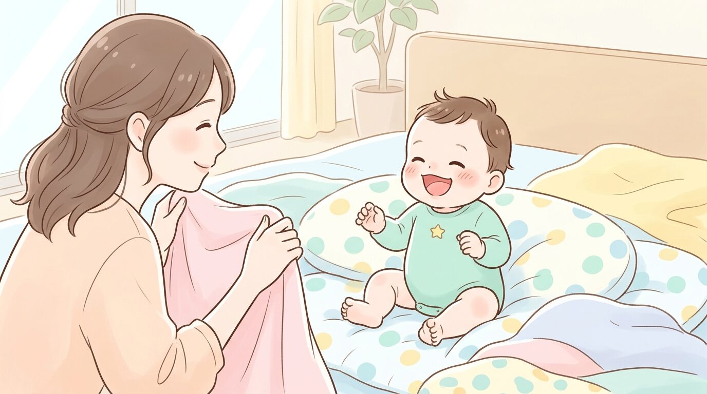 布団の上でいないいないばあをして声を出して笑う生後7ヶ月ほどの赤ちゃんと、優しく見守る母親の横顔