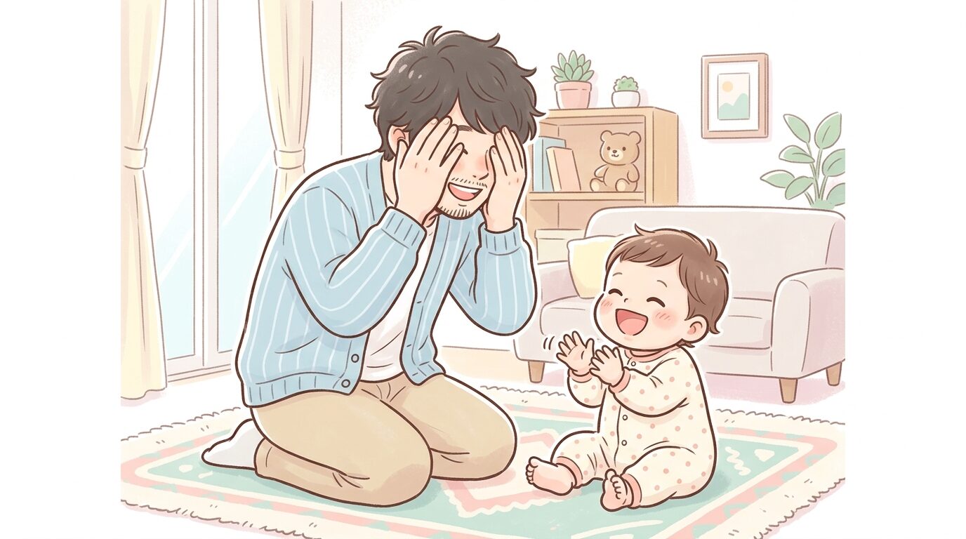 リビングのラグの上で両手を使っていないいないばあをする父親と、両手をパチパチ叩いて喜ぶ生後10ヶ月の赤ちゃん