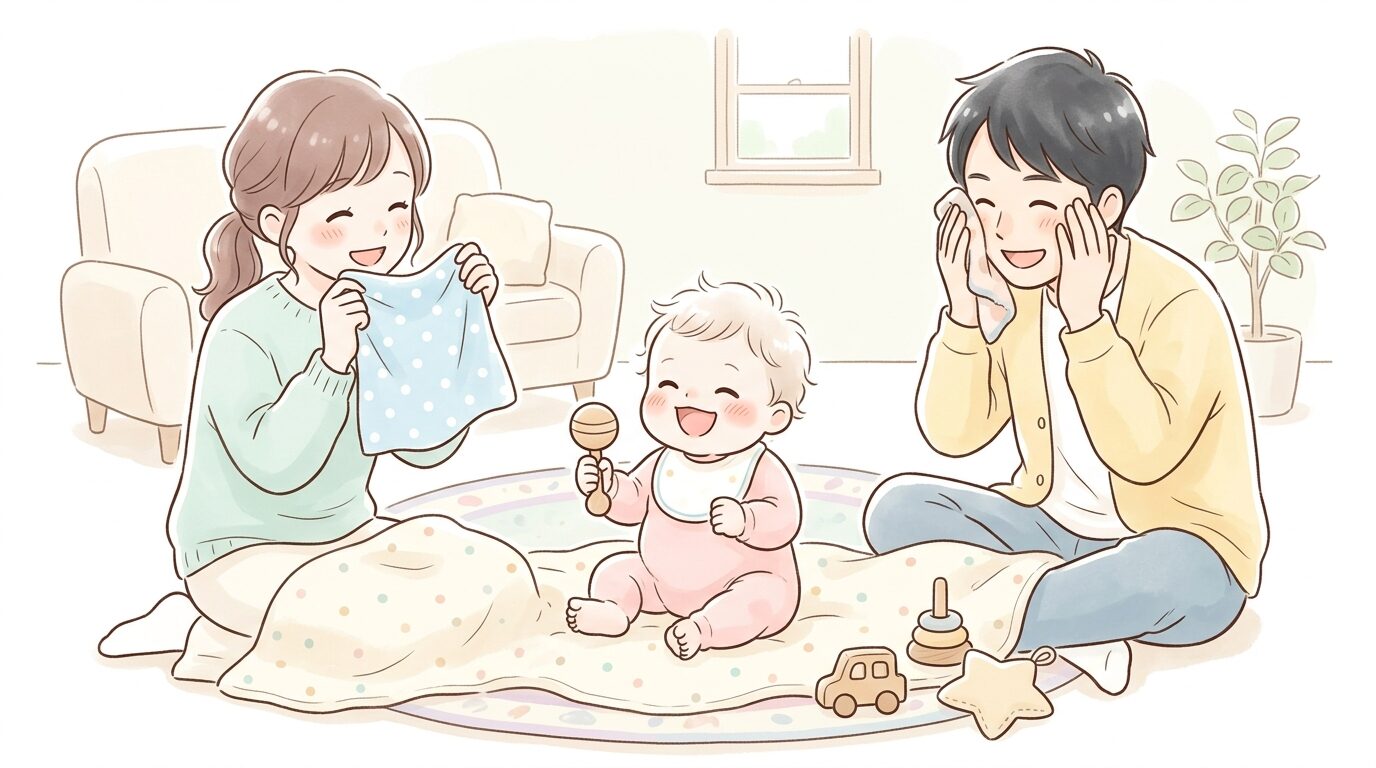 木製のおもちゃとハンカチを使い、生後9ヶ月の赤ちゃんと一緒にいないいないばあ遊びをする両親の様子