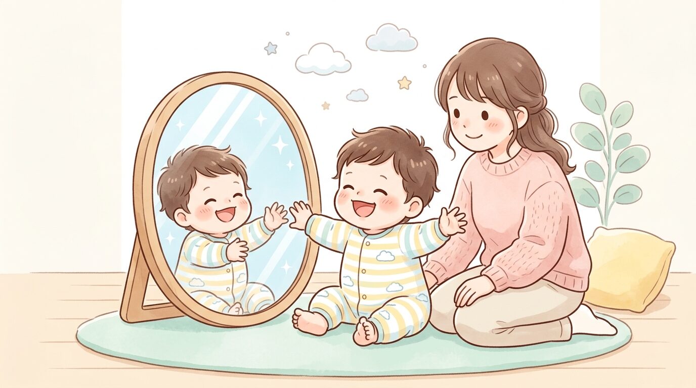 鏡の前で満面の笑みを浮かべながら手を伸ばす生後8ヶ月ほどの赤ちゃんと、隣で優しく見守る母親