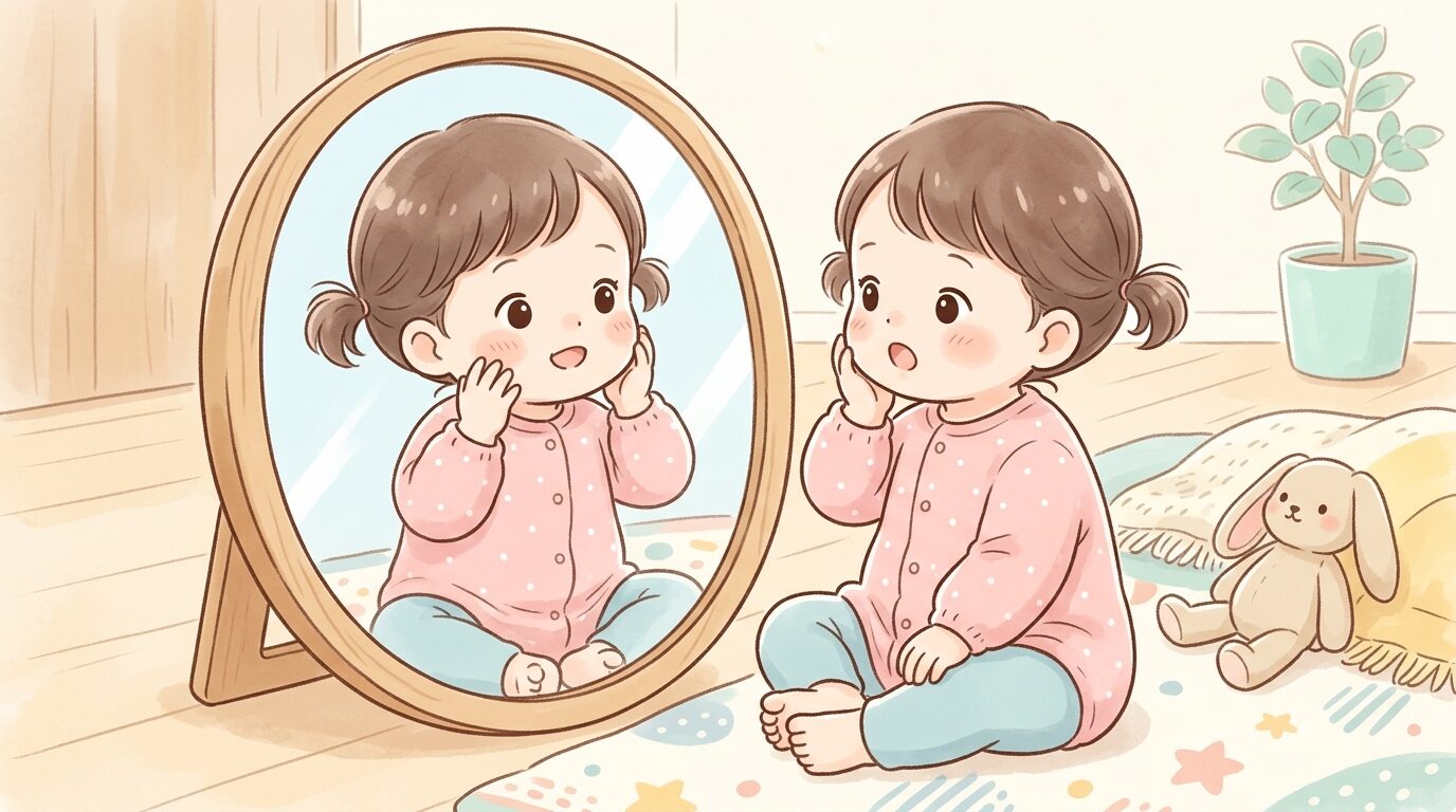 鏡の前に座り、自分の頬を触りながら不思議そうな表情を浮かべる1歳半ごろの女の子