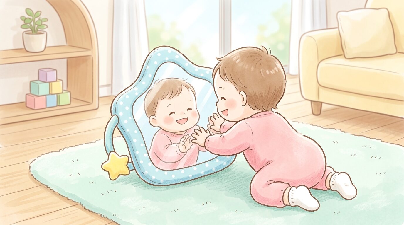 リビングの床に置かれた割れないベビーミラーを両手で触りながら喜ぶハイハイ期の赤ちゃんの後ろ姿