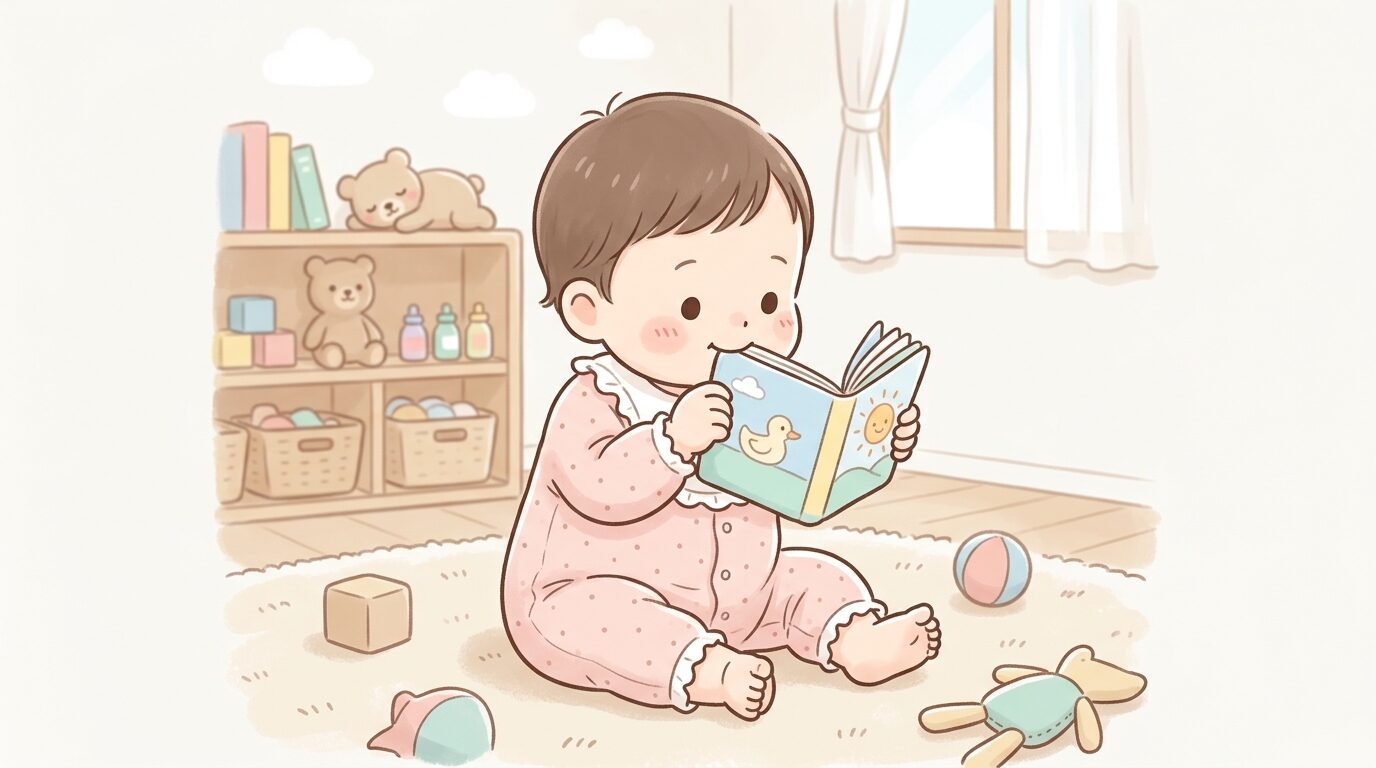 生後8ヶ月頃の赤ちゃんが布製の絵本を両手で持ち、興味深そうに口元へ運んでいる室内の様子