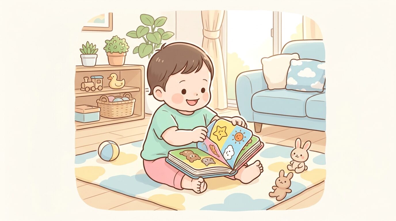 1歳前後の子どもがカラフルなボードブックの絵本を自分でめくって遊んでいる明るいリビングの風景