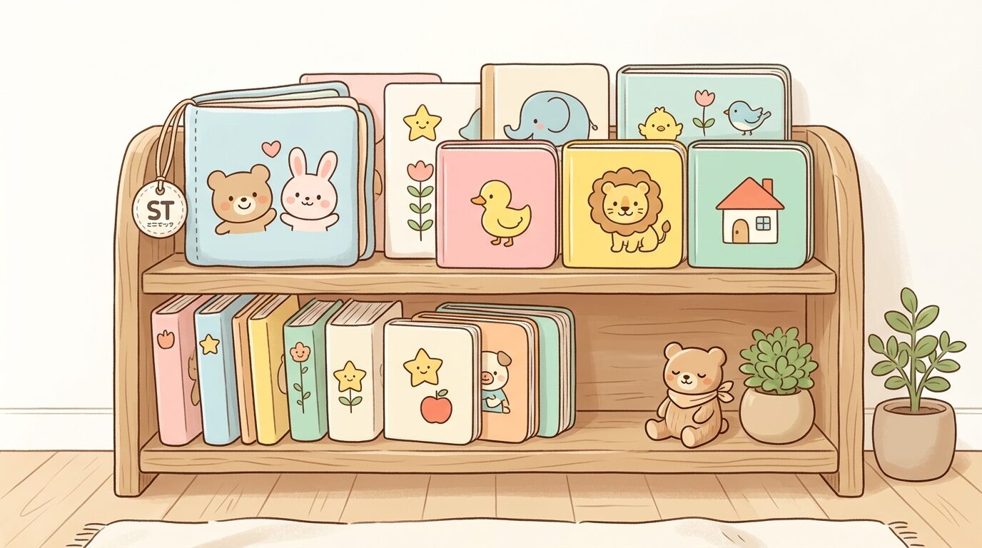 布製の柔らかい絵本とボードブックの絵本が木製の棚に並べられ、安全マークのタグが見える収納コーナー