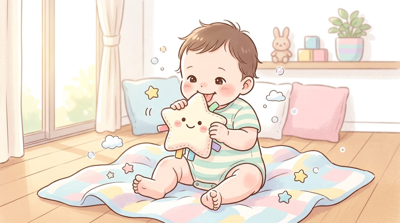 生後数ヶ月の赤ちゃんが柔らかい布製おもちゃを両手で持ち、口元に運んで舐めている様子。明るいリビングで自然光が差し込む温かい雰囲気