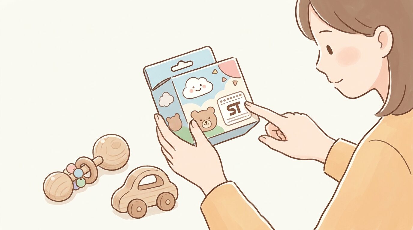 おもちゃのパッケージに表示されたSTマークを確認する母親の手元。柔らかい木製のおもちゃが手前に置かれたシーン
