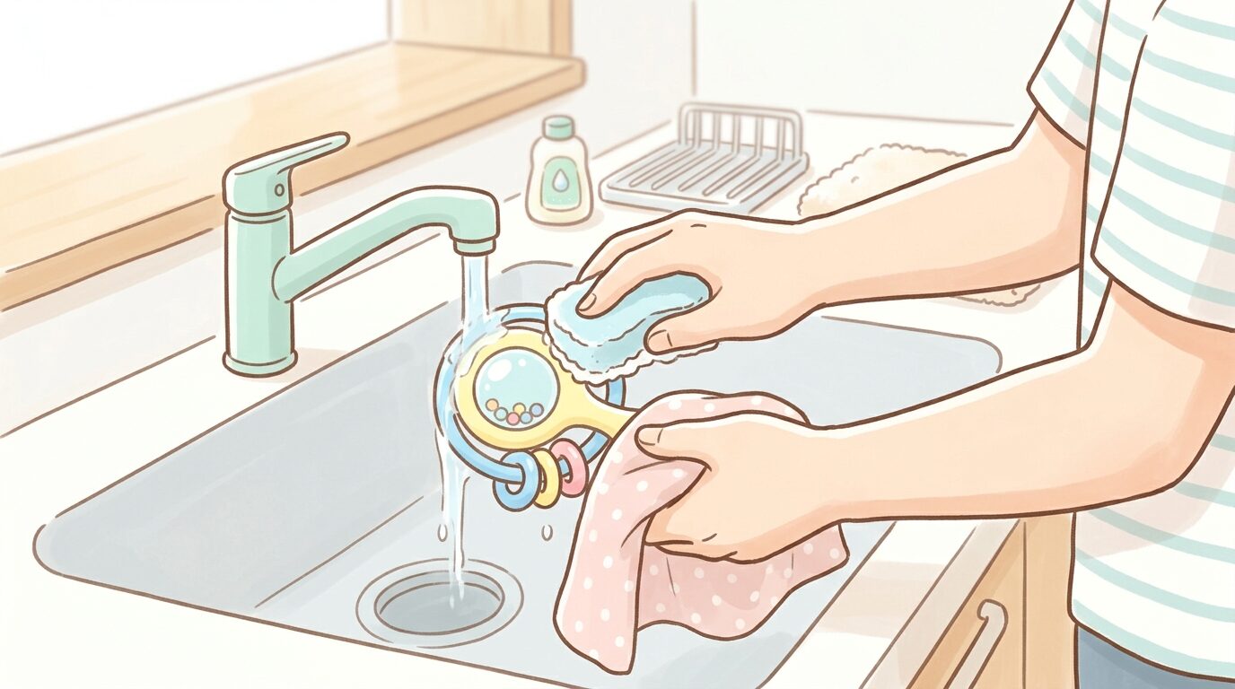 キッチンで赤ちゃんのプラスチック製おもちゃを丁寧に洗い、布で拭き上げる父親の手元アップ