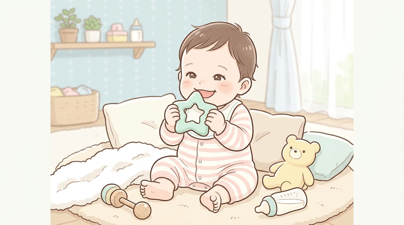 生後7ヶ月の赤ちゃんがシリコン製の歯固めを両手で持って笑顔でカミカミしている室内の様子