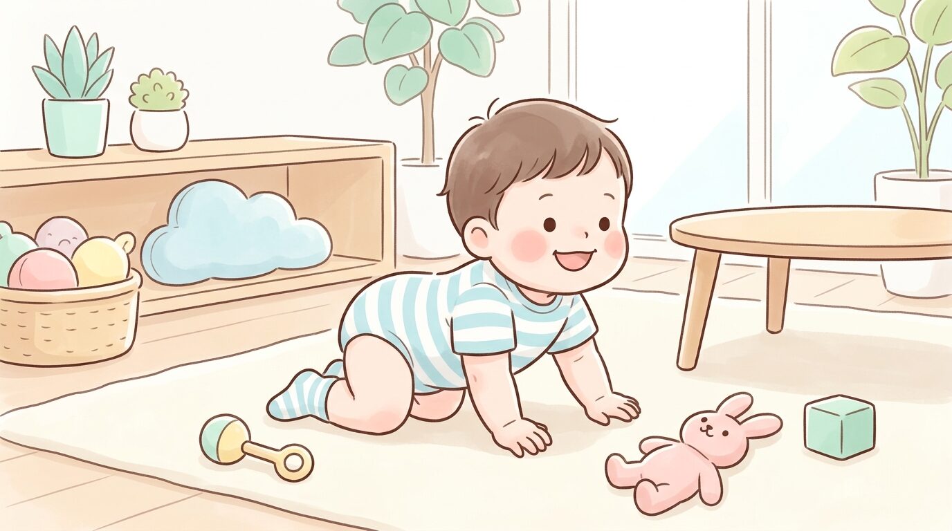 つかまり立ちを始めた1歳前後の赤ちゃんがリビングでハイハイしながら遊んでいる様子