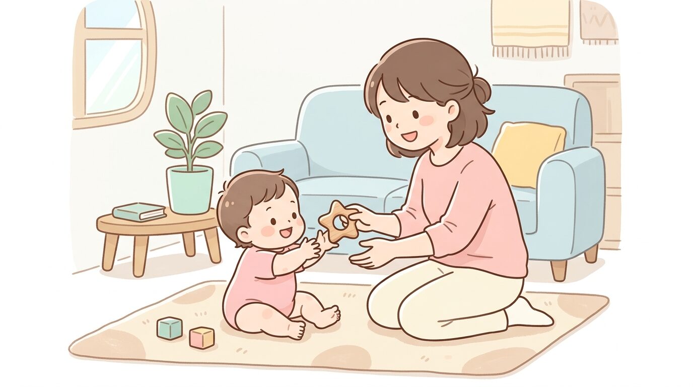 リビングのラグの上で母親が見守りながら赤ちゃんに木製の歯固めを渡している温かい家族の風景